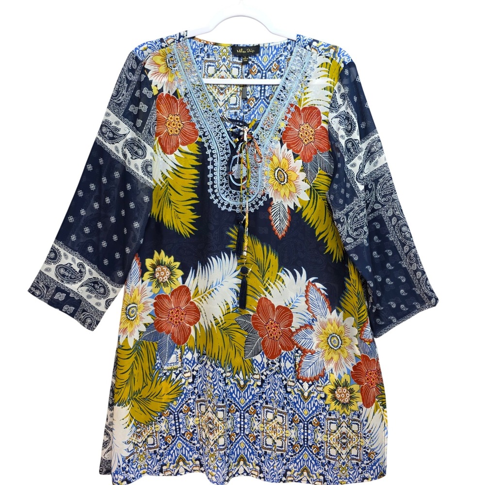 Melissa Paige Womens Large Navy Floral Paisley Boho Tunic Top Lace Up Tassel‎ L